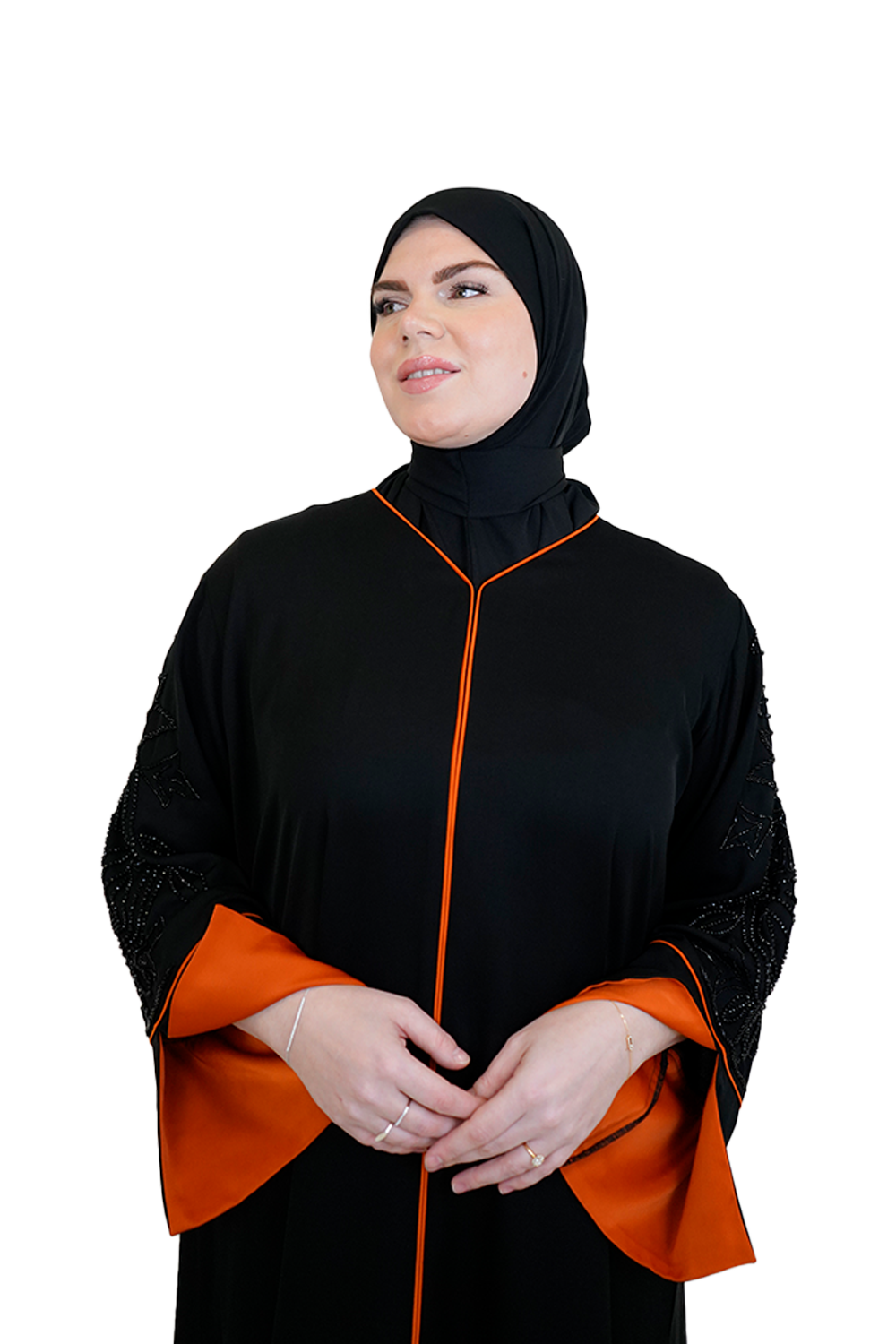 Elegant Handmade Dubai Abaya with Stones BLACK X ORANGE