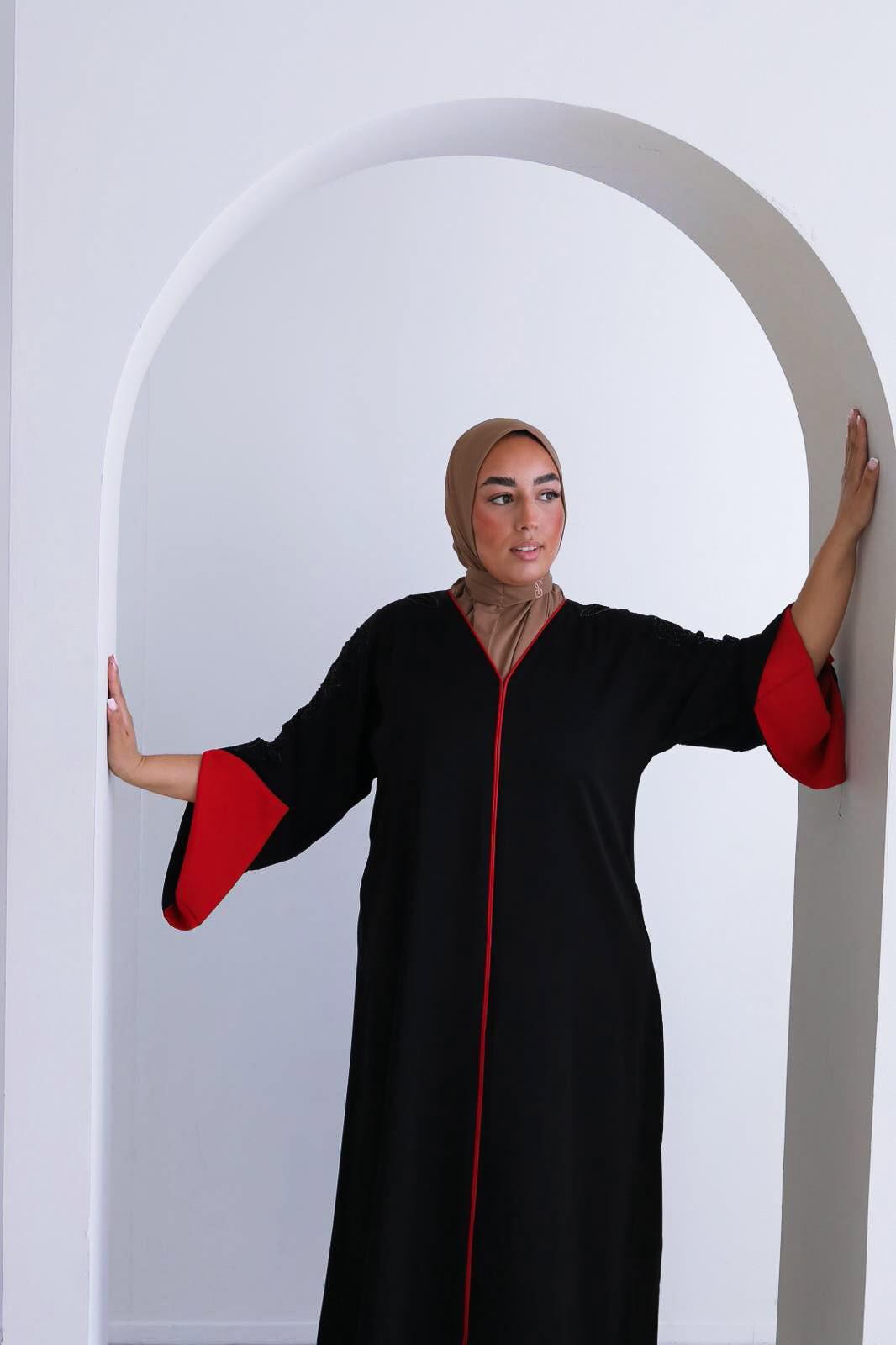 Elegant Handmade Dubai Abaya with Stones BLACK X RED