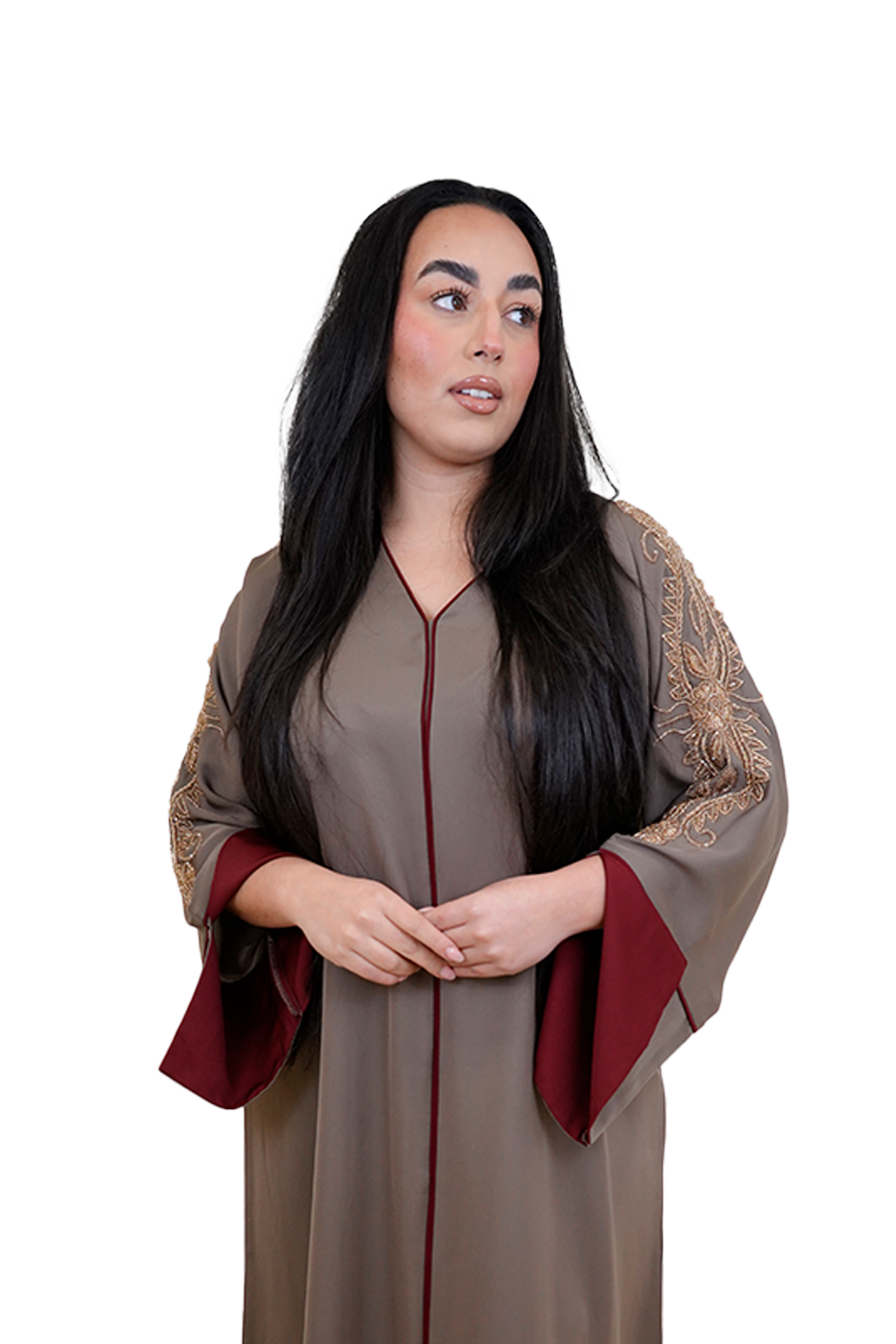 Handmade Dubai Abaya in Taupe x Burgundy