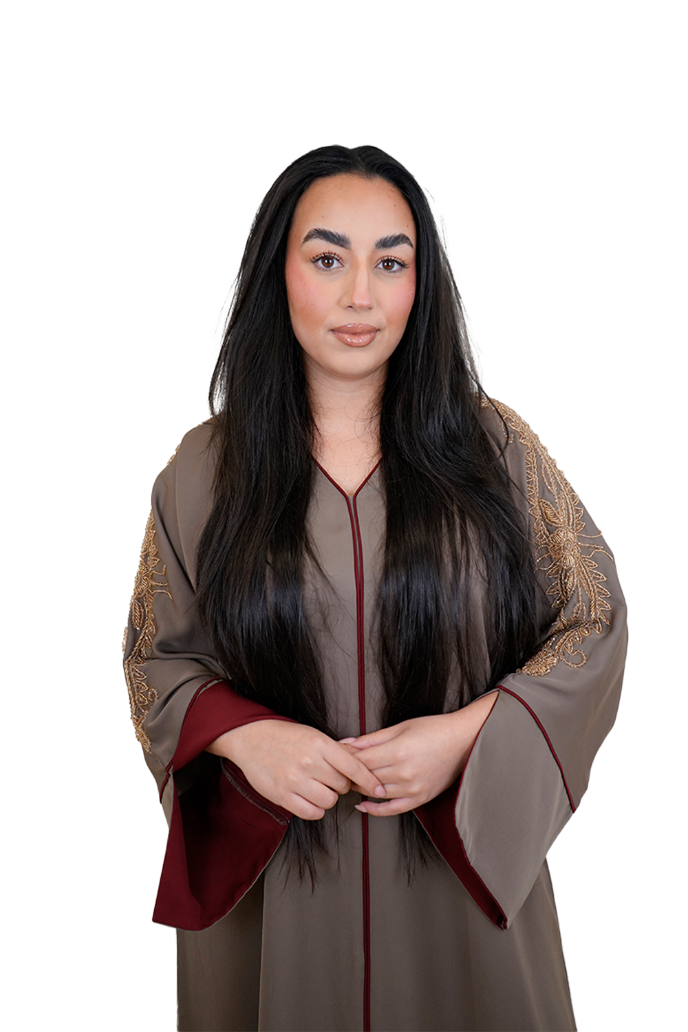 Handmade Dubai Abaya in Taupe x Burgundy