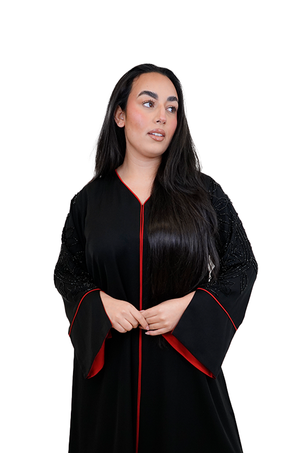 Elegant Handmade Dubai Abaya with Stones BLACK X RED