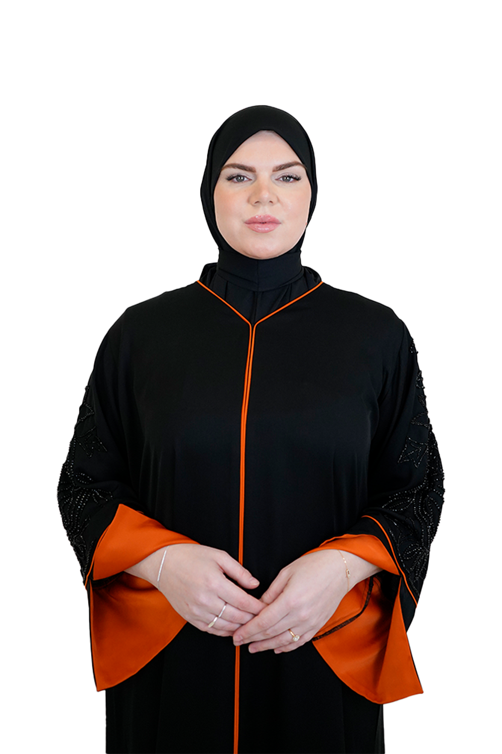 Elegant Handmade Dubai Abaya with Stones BLACK X ORANGE