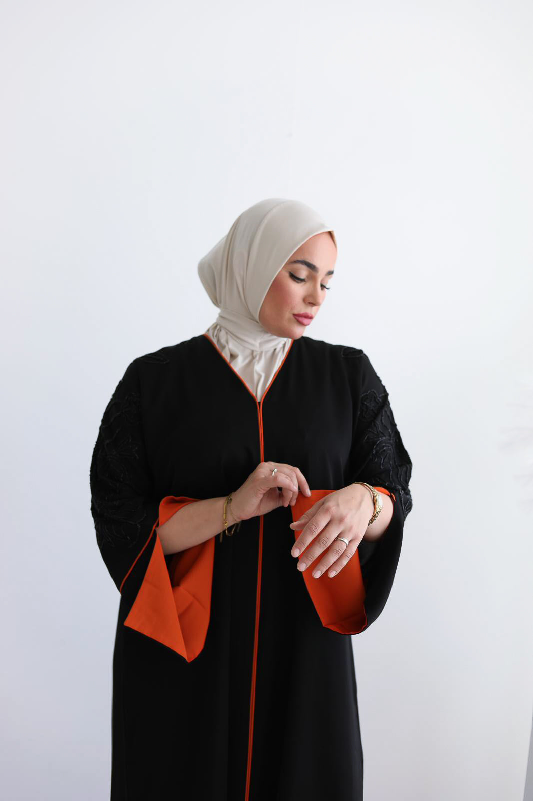 Elegant Handmade Dubai Abaya with Stones BLACK X ORANGE