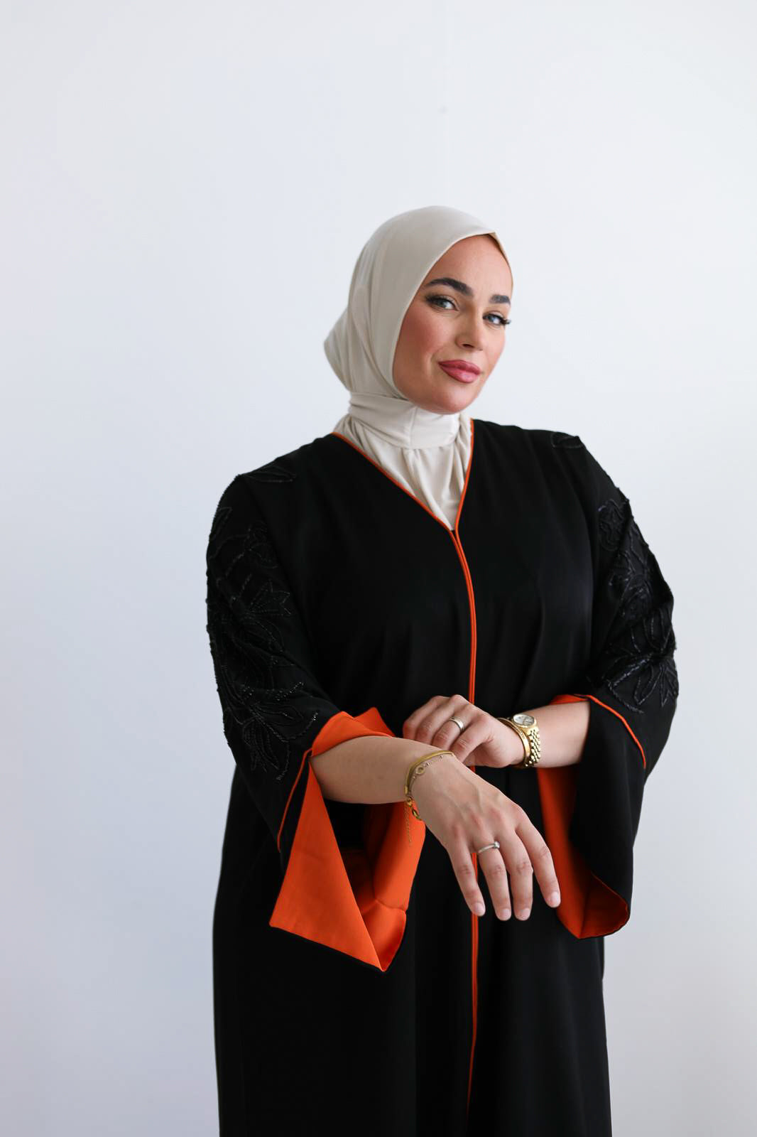 Elegant Handmade Dubai Abaya with Stones BLACK X ORANGE