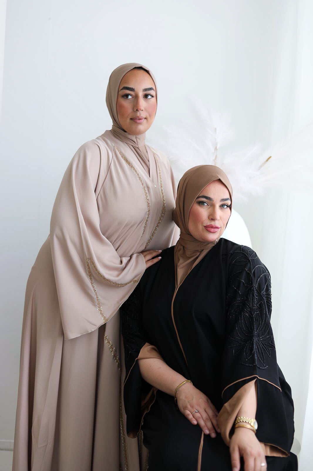 Elegant Handmade Dubai Abaya with Stones BLACK X BROWN/BEIGE